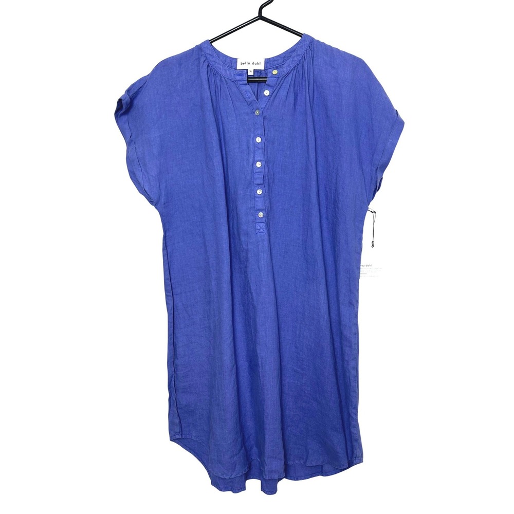 NEW Bella Dahl 100% Linen Dress XL Blue Henley Shift Coastal Summer cap sleeve